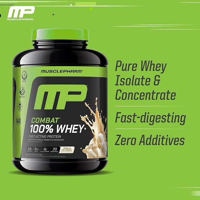 MusclePharm Combat 100% Whey Protein Powder, Vanilla Flavor, Fast Recovery & Muscle Gain with Whey
