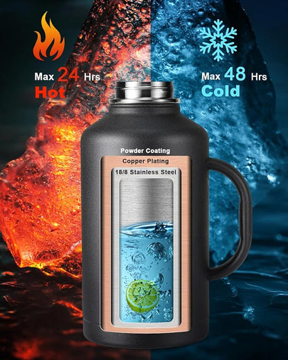 Half Gallon Water Bottle with Straw and Lid, 64 oz Insulated Stainless Steel Jug with