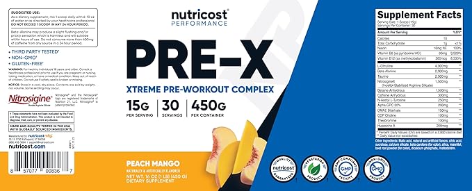 Nutricost Pre-X Xtreme Pre-Workout Complex Powder, Peach Mango, 30 Servings, Vegetarian, Non-GMO
