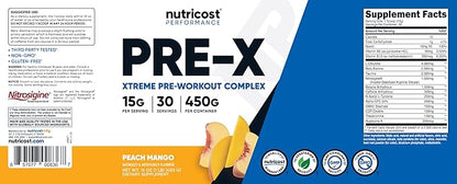 Nutricost Pre-X Xtreme Pre-Workout Complex Powder, Peach Mango, 30 Servings, Vegetarian, Non-GMO