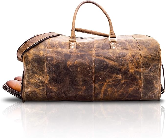 KomalC 24 Inch Leather Duffel Bags for Men and Women Full Grain Leather Travel Overnight Weekend