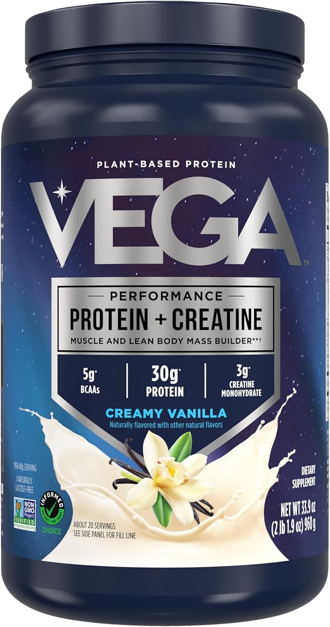 Vega Protein + Creatine - 30g Plant-Based Protein, Vanilla, 20 Servings, 3g Creatine, 5g BCAAs