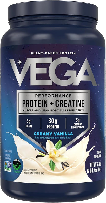 Vega Protein + Creatine - 30g Plant-Based Protein, Vanilla, 20 Servings, 3g Creatine, 5g BCAAs