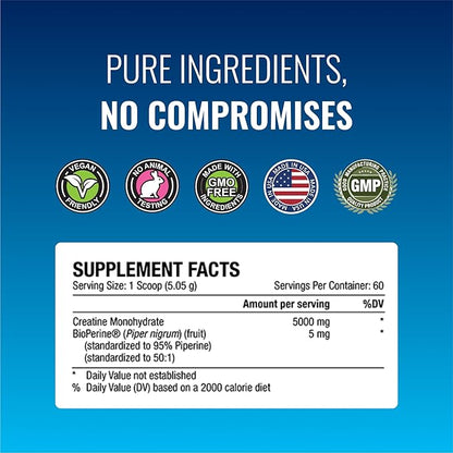 Approved Science Creatine Monohydrate Powder with BioPerine - Workout Support - 120 Servings - 5g