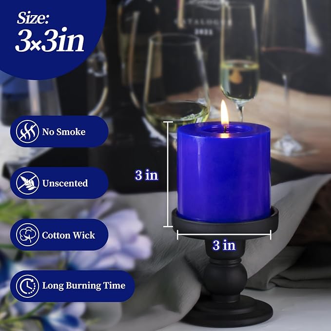KONNI Classic Blue Pillar Candles Set of 3, 3"x 3" Unscented Pillar Candles Bulk, 30 Hours Long