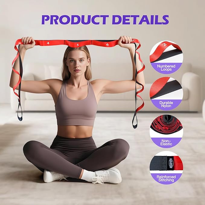 Stretching Strap with Loops - Non Elastic Yoga Straps for Physical Therapy, Durable Stretch Bands