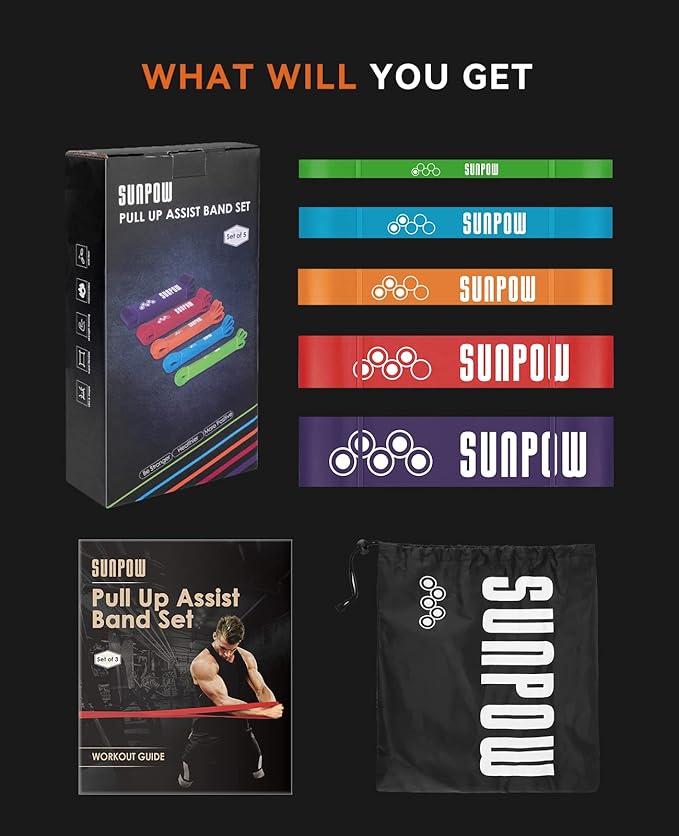 SUNPOW Pull Up Assistance Bands - Set of 5 Resistance Heavy Duty Workout Exercise Stretch Fitness