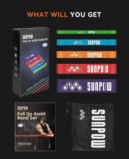 SUNPOW Pull Up Assistance Bands - Set of 5 Resistance Heavy Duty Workout Exercise Stretch Fitness
