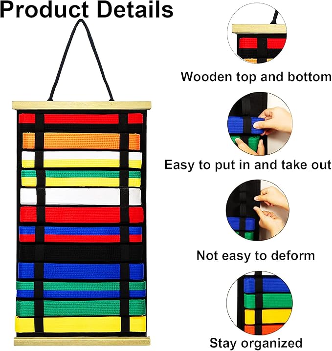 12Belts Karate Belt Display Rack with Wooden Frame,Felt Taekwondo Belt Display,Martial Art Belt
