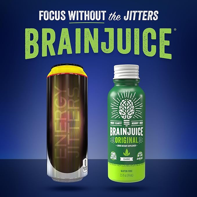 BrainJuice Focus & Energy Drink Shots, Nootropics with Alpha GPC, B Vitamins & Organic Green Tea