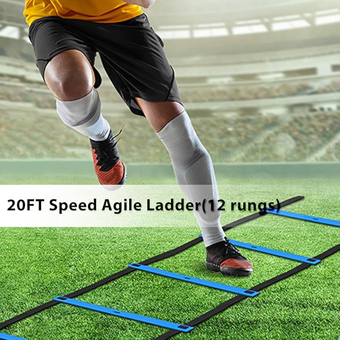 Speed & Agility Training Equipment-20ft Agility Ladder, 6 Poles, 12 Soccer Cones, Resistance