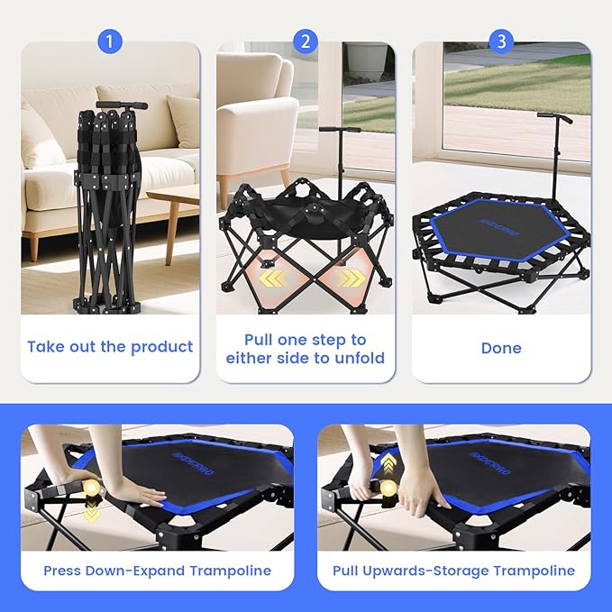 Foldable Mini Trampoline, Rebounder Trampoline with Adjustable Foam Handle, Fitness Trampoline for
