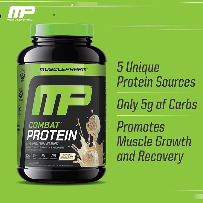 MusclePharm Combat Protein Powder, Vanilla Flavor, Fuels Muscles for Productive Workouts, 5 Protein