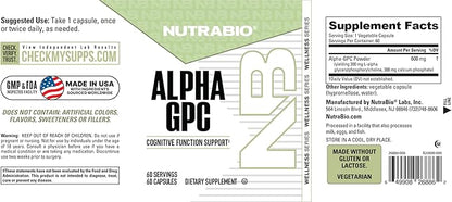 NutraBio Alpha GPC, Brain Support & Improved Memory Function, 300mg - 60 Vegetable Capsules