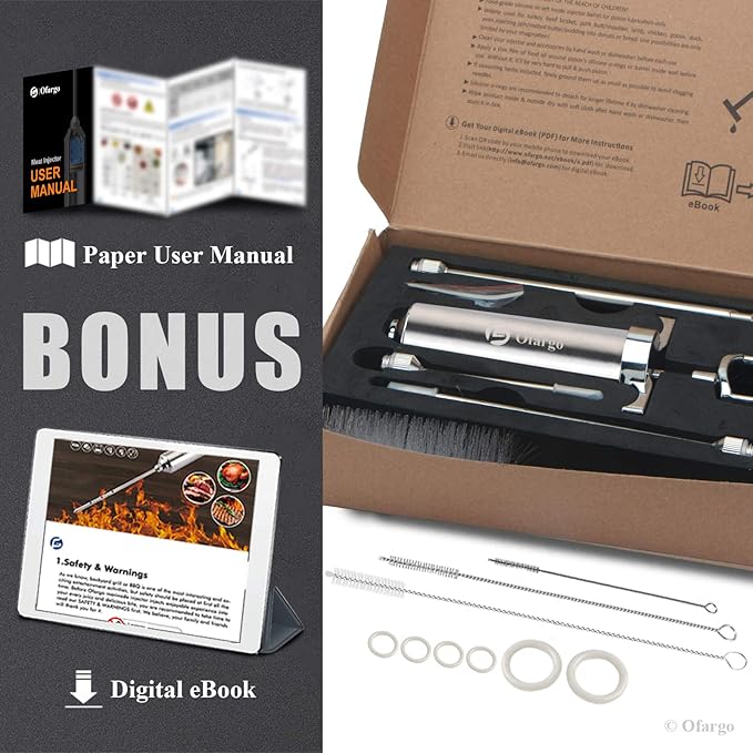 Stainless Steel Meat Injector Syringe Kit with 4 Marinade Needles for BBQ Grill Smoker, 2-oz Large