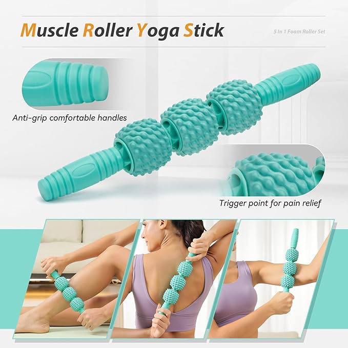 5 in1 Foam Roller Set, Trigger Point Foam Roller, Massage Roller Stick, Massage Ball, Resistance