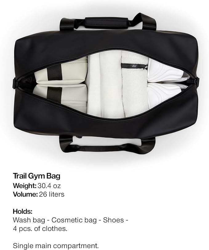 RAINS Trail Gym Bag - Black Waterproof Sports Duffel Bag for Men and Women with Shoulder Strap
