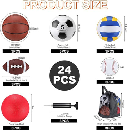 Leyndo 18 Pcs Sport Balls Bulk Set Basketball Football Volleyball Soccer Playground Baseball with