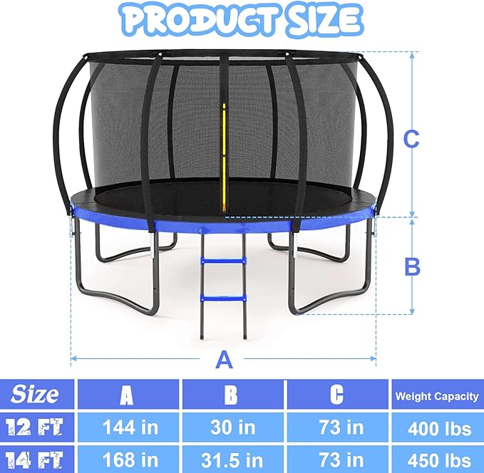 Trampoline 12FT 14FT 15FT 16FT for Kids/Adults - Outdoor Recreational with Enclosure Net Curved