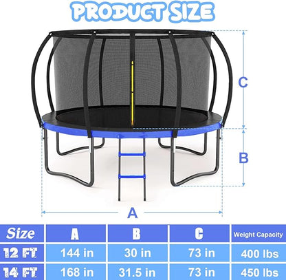 Trampoline 12FT 14FT 15FT 16FT for Kids/Adults - Outdoor Recreational with Enclosure Net Curved