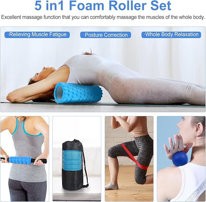 5 in 1 Foam Roller Set Includes Hollow Core Massage Roller, Yoga Stick, Massage Ball, Fitness