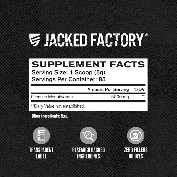 Jacked Factory Creatine Monohydrate Powder 425g - 5g Daily Creatine Supplement for Men and Women