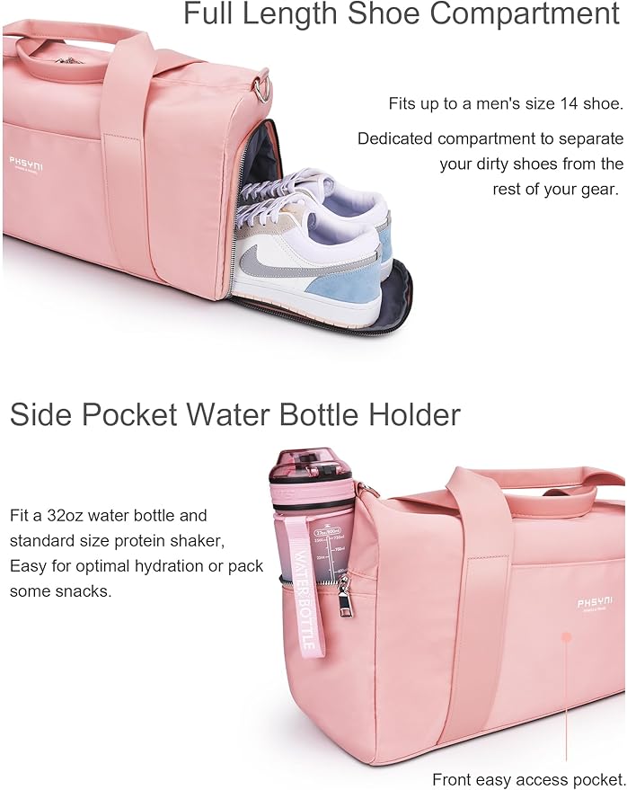 Pink Gym Bag for Women Girls with Shoe Compartment & Wet Pocket - Duffle Bag for Travel Sports