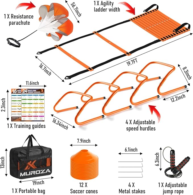Agility Ladder, Speed Training Equipment Set, 20ft Agility Ladder, 12 Soccer Cones, 4 Hurdles, Jump