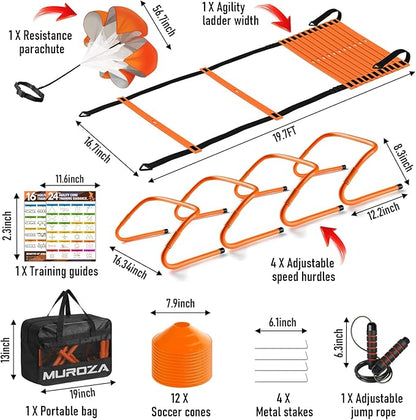 Agility Ladder, Speed Training Equipment Set, 20ft Agility Ladder, 12 Soccer Cones, 4 Hurdles, Jump
