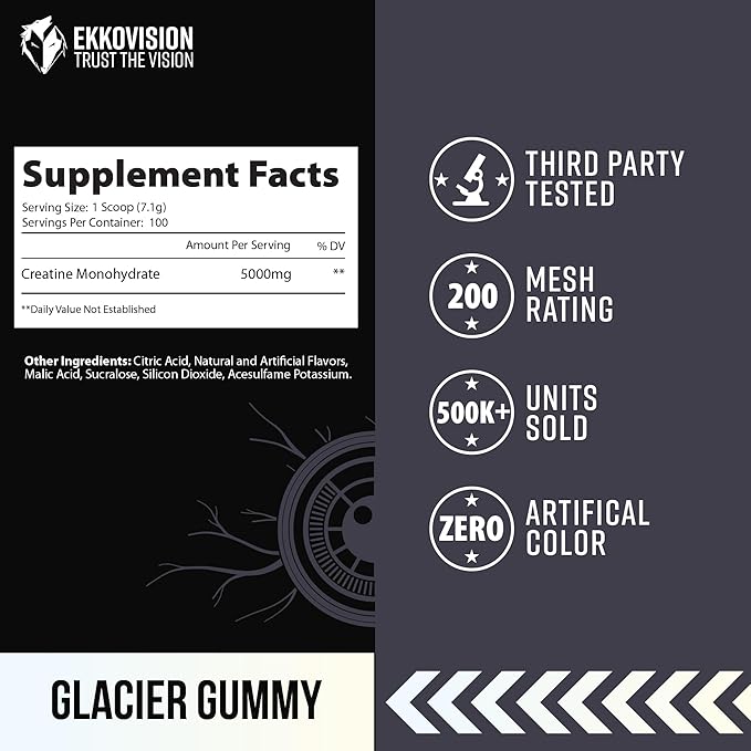 Ekkovision Creatine Monohydrate Powder, Micronized, Glacier Gummy, Pre Workout & Post Workout