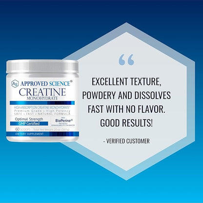 Approved Science Creatine Monohydrate Powder with BioPerine - Workout Support - 120 Servings - 5g