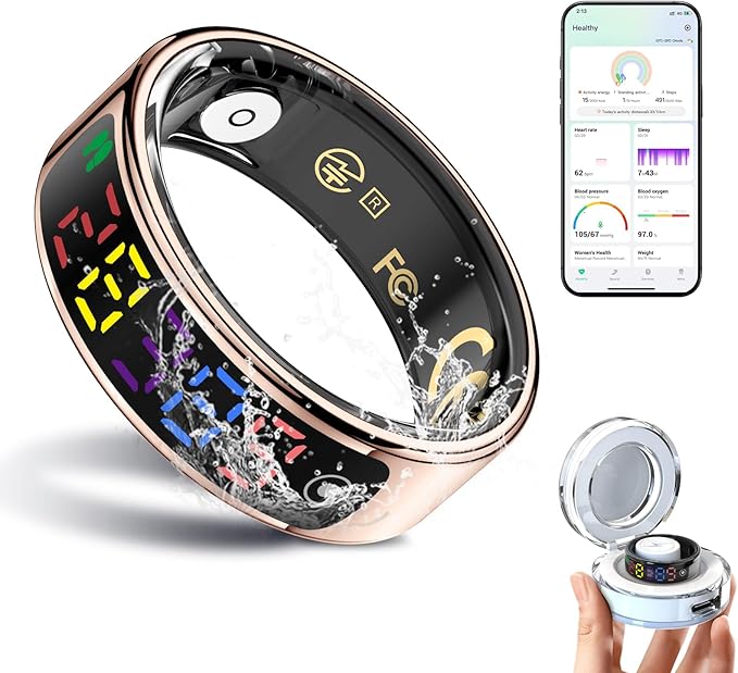 Smart Ring for Women Men, Health Ring with Colorful Display, Fitness Tracker with Heart Rate, Blood