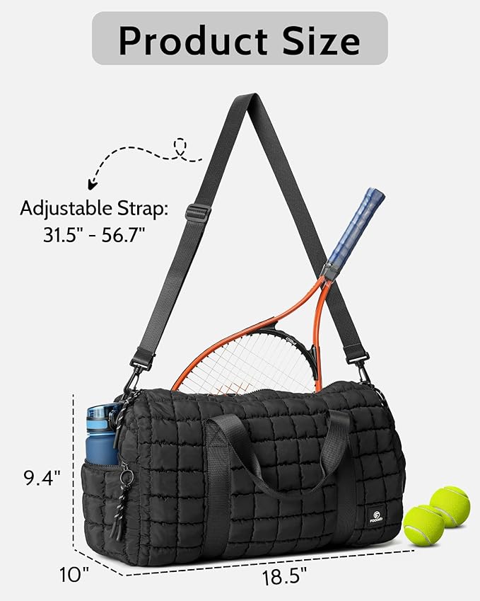 FODOKO Quilted Duffel Bag for Women, Puffer Gym Duffle with Shoe Compartment, Lightweight Large