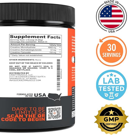 Crazy Muscle Creatine Monohydrate Powder, 5000mg Premium 3X ThreeAtine Pre Workout Mass Gainer