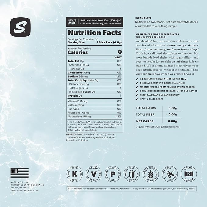Keto Chow SALTT Electrolytes Powder Packets, Clean Slate Unflavored (30 Hydration Packets)