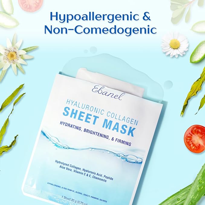 Ebanel 20 Pack Collagen Face Mask with Hyaluronic Acid, Vitamin C, Peptide, Aloe, Instant