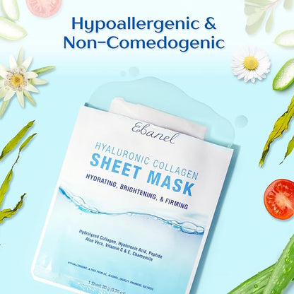 Ebanel 10 Pack Collagen Face Mask with Hyaluronic Acid, Vitamin C, Peptide, Aloe, Instant