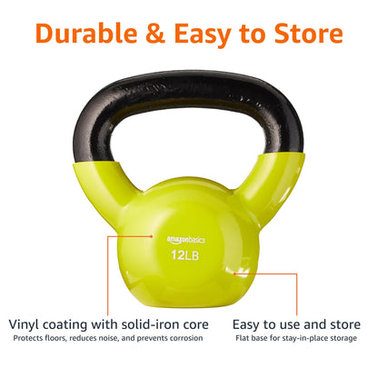 Amazon Basics Vinyl Coated Cast Iron Kettlebell for Training, 12 Pounds, Wide Handle, Home Workout