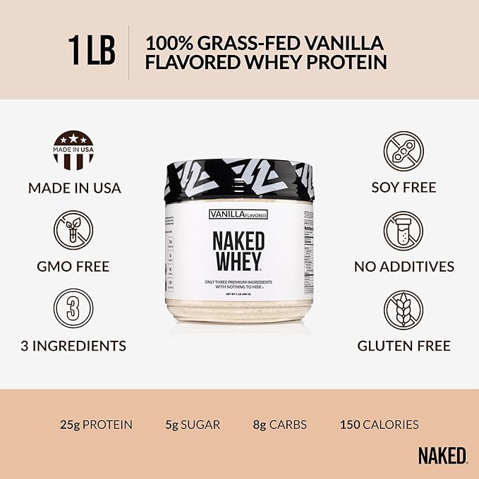 NAKED Vanilla Whey Protein 1Lb, Only 3 Ingredients, All Natural Grass Fed Whey Protein Powder +