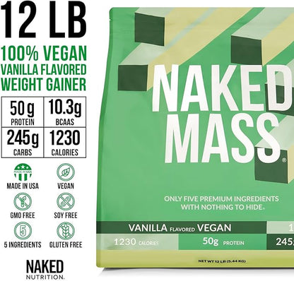 NAKED Vegan Mass - Vanilla Vegan Weight Gainer - 1,230 Calories, Non-GMO, Soy & Gluten Free, No
