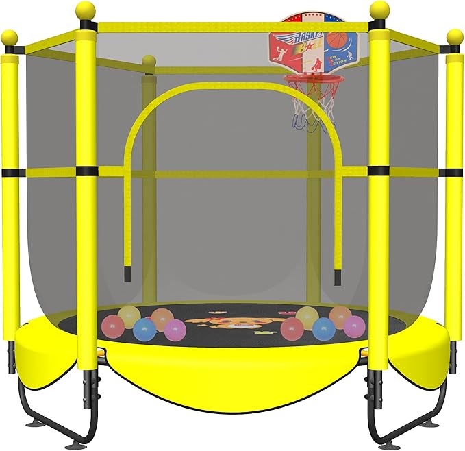 60" Trampoline for Kids, 5 FT Indoor & Outdoor Toddler Baby Trampoline with Basketball Hoop, Safety