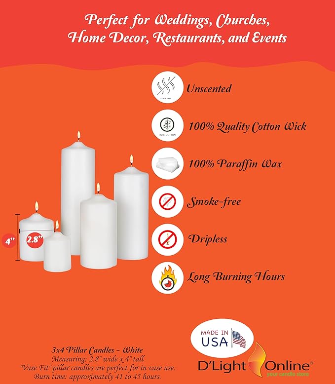 D'light Online 3 X 4 Inch Pillar Candles Set of 12 Bulk Event Pack Round Unscented Premium Wax
