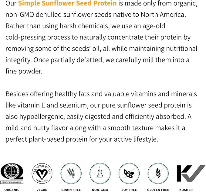 Sprout Living Simple Sunflower Seed Protein Powder, 15 Grams Organic Plant Based Protein Powder