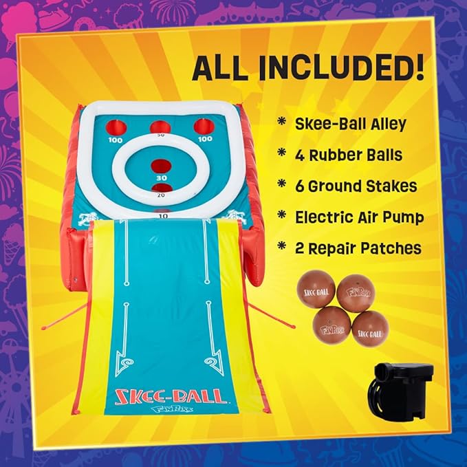 Flybar FunPark Giant Inflatable Skee-Ball Game – 11 Ft Long w/ 4 Balls & Electric Air Pump – Indoor