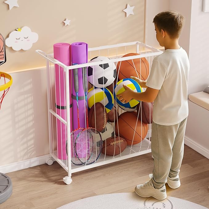 Ball Storage Bin Rolling Sports Ball Cart, Metal Garage Organizer Sport Rack, Ball Basket Storage