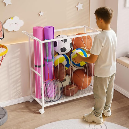 Ball Storage Bin Rolling Sports Ball Cart, Metal Garage Organizer Sport Rack, Ball Basket Storage