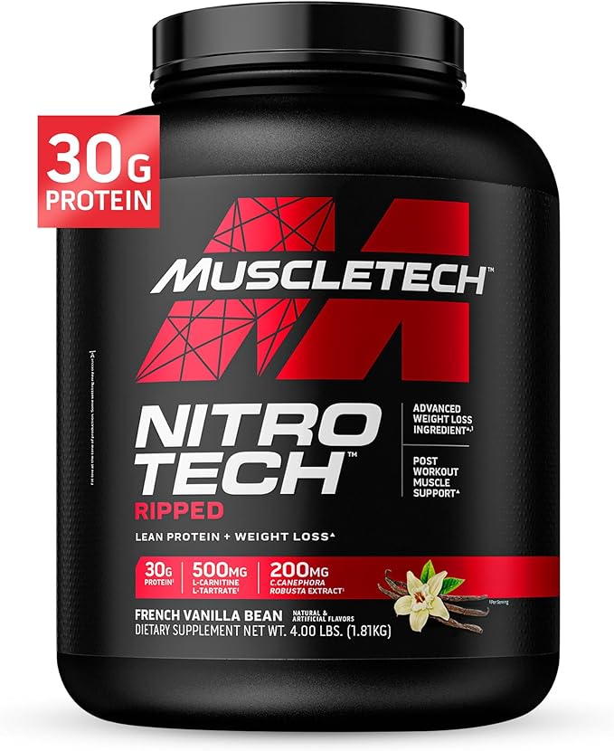 Muscletech Whey Protein Powder (French Vanilla Bean, 4LB) - Nitro-Tech Ripped Whey Protein Isolate