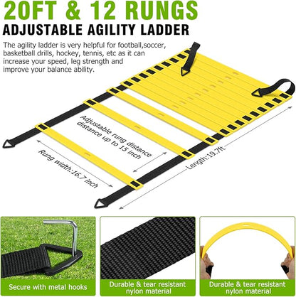 Speed and Agility Training Equipment: 5 Adjustable Agility Hurdles. 20ft Agility Ladder, Soccer