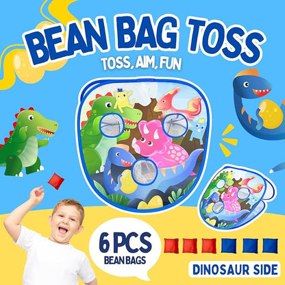 2 in-1 Dinosaur and Spaceship-Themed 27-inch Bean Bag Toss Game Set for for 1-2 Players, Backyard