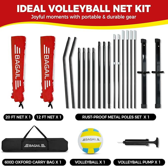 BAGAIL Volleyball Net, 12ft/20ft Portable Volleyball Net for Backyard - Adjustable Height